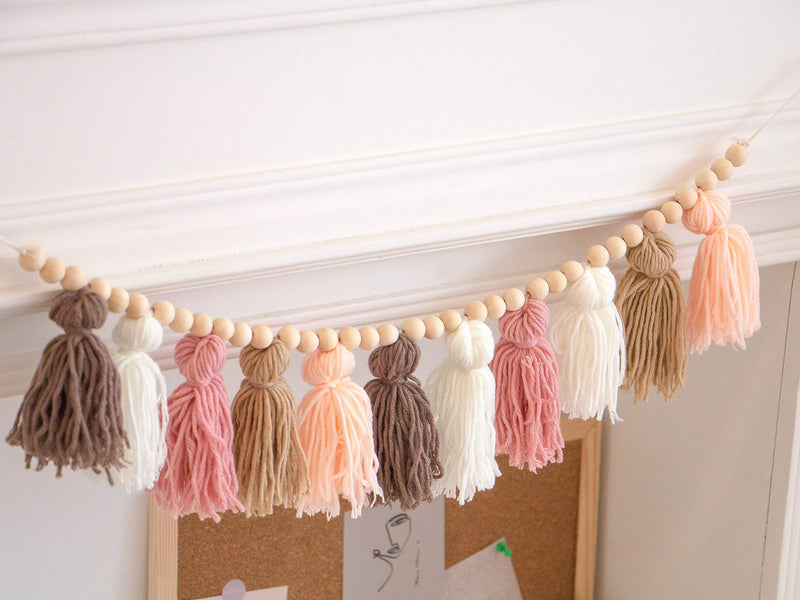  [AUSTRALIA] - Decocove Tassel Garland - Boho Tassel Garland with Wood Beads - Wall Decor for Dorm, Girls Room and Nursery Room (36 inch) - Blush and Terra Cotta 36 inch