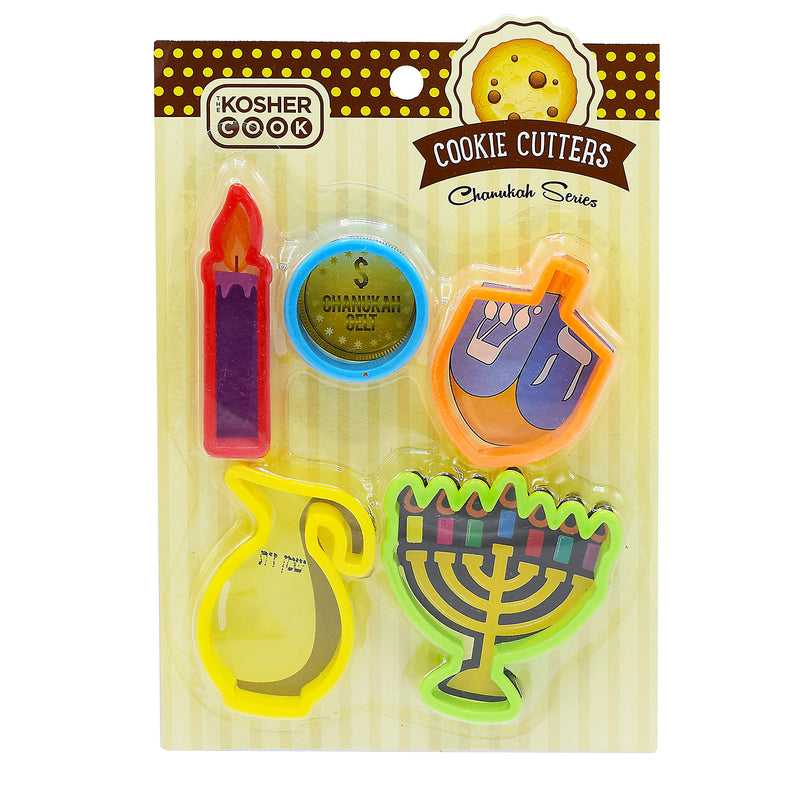  [AUSTRALIA] - Chanukah Cookie Cutter Set – 5 Pieces – Menorah, Dreidel, Oil Jug, Chanuka Gelt and Candle Shaped Plastic Cutters - Chanukah Cookware and Bakeware by The Kosher Cook