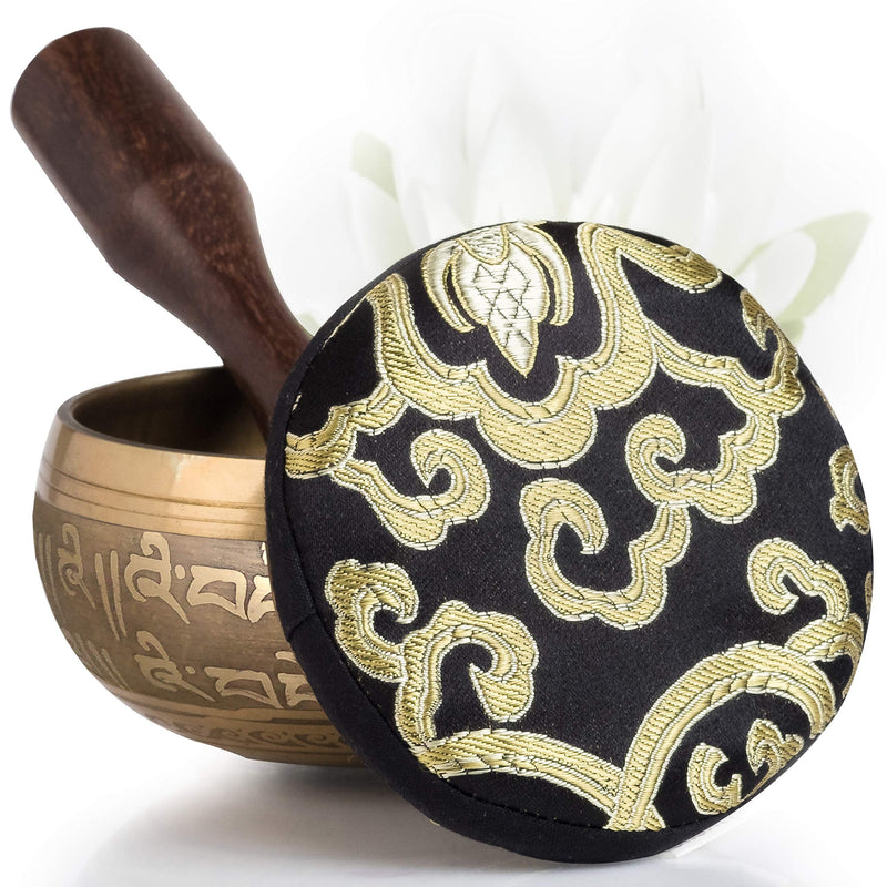Tibetan Singing Bowl Set ~ Easy to Play with New Dual-End Striker & Cushion ~ Creates Beautiful Sound for Holistic Healing, Meditation & Relaxation ~ Peace Pattern ~ Gold Bowl with Black Pillow - LeoForward Australia