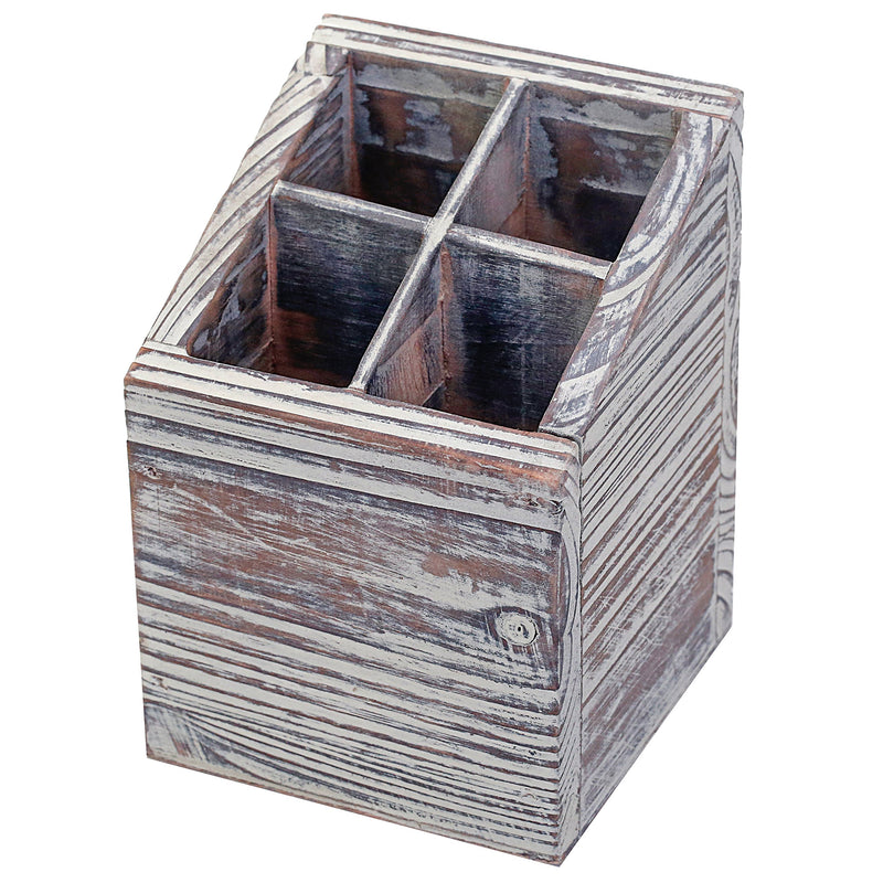 MyGift Rustic Torched Wood 4 Slot Pen Pencil Holder, Square Desktop Office Supply Storage Box - LeoForward Australia