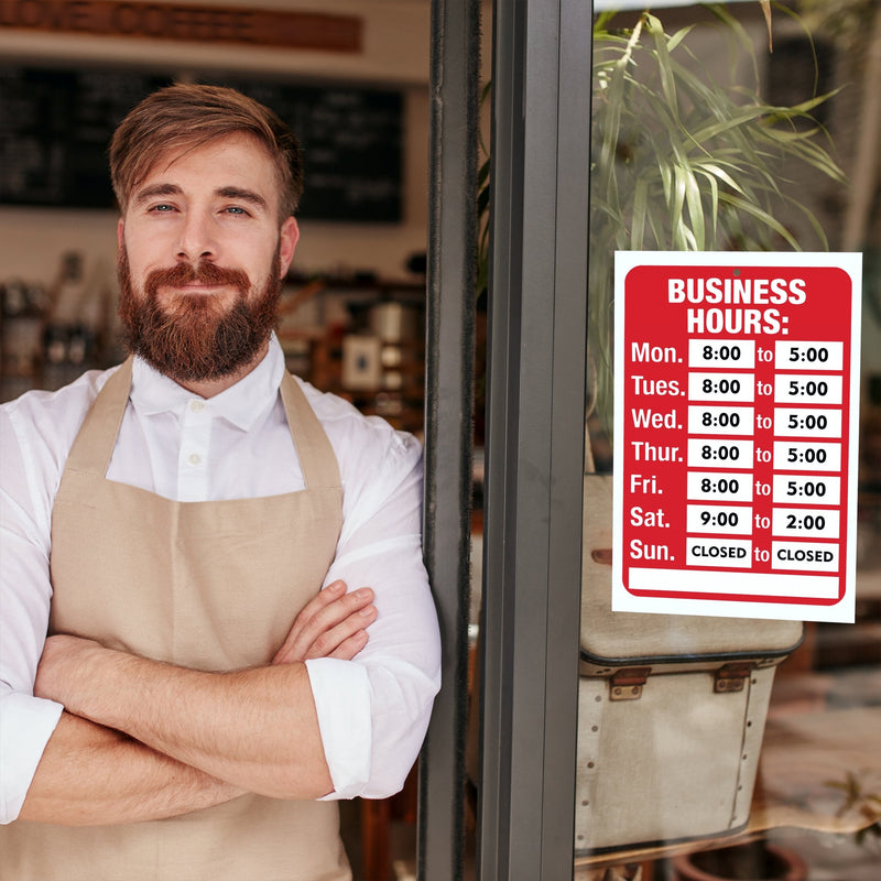  [AUSTRALIA] - Open Signs, Business Hours Sign Kit - Bright Red and White Colors - 7.7 x 11.7 Inch - Includes 4 Double Sided Adhesive Pads and Black Number Sticker Set - Ideal Hours Of Operation Signs for Any Business, Store, Office