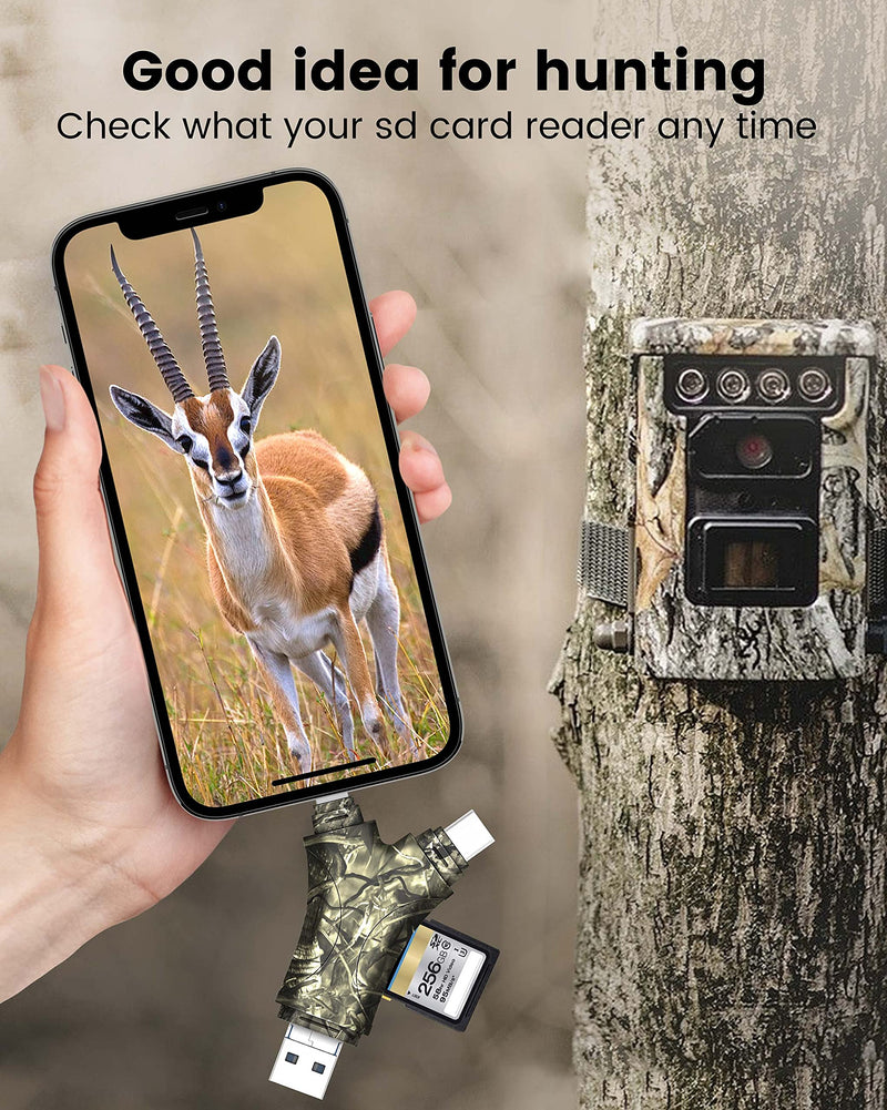  [AUSTRALIA] - Trail Camera Viewer SD Card Reader for iPhone/iPad,4 IN 1 Trail Game Camera SD Card Reader for iPhone/iPad/USB C & Micro USB Android/Pcs,Hunting & Trail Camera Viwer Supports SD,Micro SD,Plug and Play