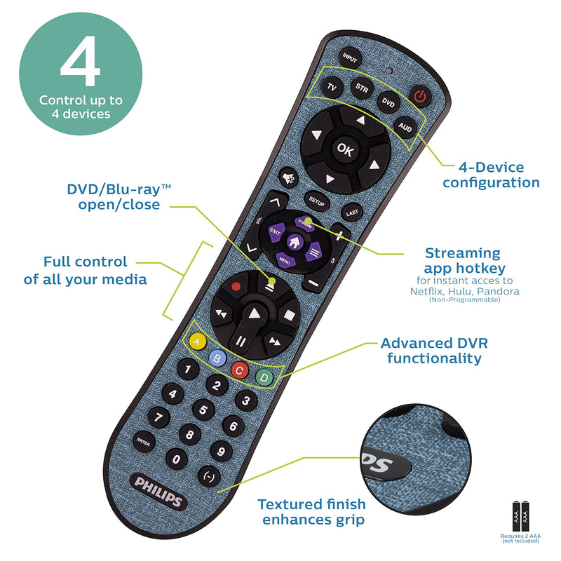 Philips Accessories Universal Remote Control for Samsung, Vizio, LG, Sony, Sharp, Roku, Apple TV, TCL, Panasonic, Smart TVs, Streaming Players, Blu-ray, DVD, 4 Device, Teal, SRP4320T/27 - LeoForward Australia