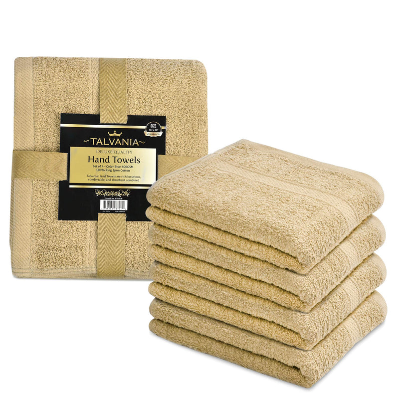  [AUSTRALIA] - Talvania Hand Towels - 100% Cotton Bathroom Towel Set Hotel Spa Quality 600GSM - Super Soft Absorbent - Use for Home Bath Hand Face - 16” X 28” - Set of 4 (Beige) Beige