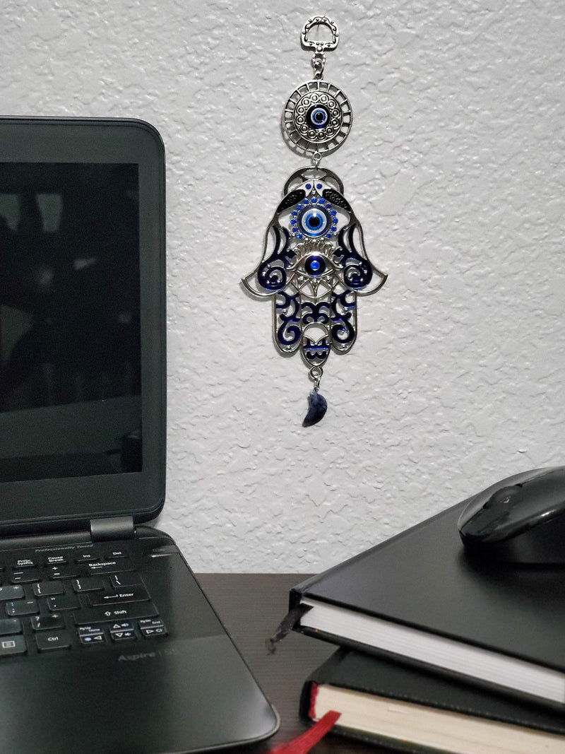  [AUSTRALIA] - LUCKBOOSTIUM - Inlaid Evil Eye in Ornate Hamsa Hand with Lucky Eye Circle, Hanging Sodalite Gemstone Half Moon Amulet, Happiness, Luck, Health, for Car, Office, Home, Great Gift, Silver, 3.1” x 8.5”