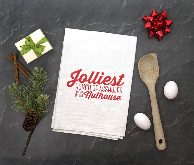  [AUSTRALIA] - RubiaRojo Christmas Kitchen Towels - Set of 4 Holiday Flour Sack Dishcloths – Jolliest Bunch of A-Holes, Jelly of The Month Club, It’s a Bit Nipply and Hallelujah Holy Sht – White Cotton Hand Towels