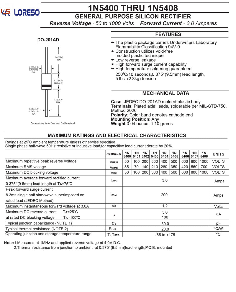 LORESO 1N5404 Diode, Pack of 50 – Rectifier Silicon Diodes Axial 5404 1N5404 400V 3.0A DO-201AD 3.0 Amp 400 Volt - LeoForward Australia