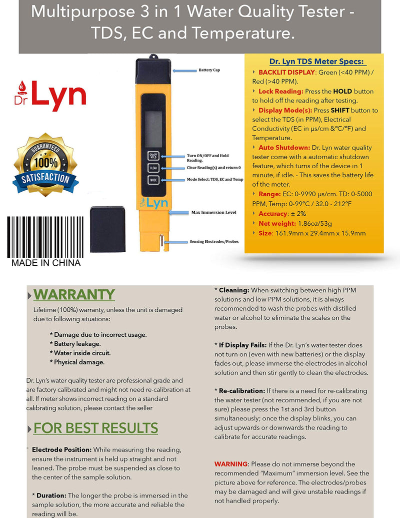 Dr. Lyn 3 in 1 TDS Pen Zero Water Quality PPM Tester Meter - 0-5000 PPM - for Hydroponics Growing Reverse Osmosis System - Aquaculture Colloidal Silver Beer Wine Pool Hardness Salinity - Leather Case - LeoForward Australia