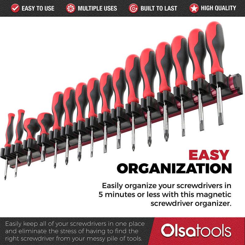 Olsa Tools Magnetic Screwdriver Organizer | Professional Quality Tool Holder | Fits up to 16 Screwdrivers | Red RED ORGANIZER / BLACK CLIPS - LeoForward Australia