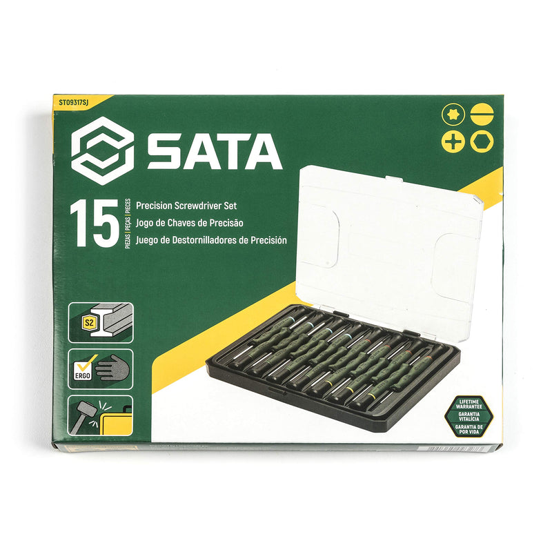  [AUSTRALIA] - SATA 15-Piece Master Precision Screwdriver Set for Technicians or Jewelers, with Ergonomic Green Handles and aCarryingCase - ST09317SJ