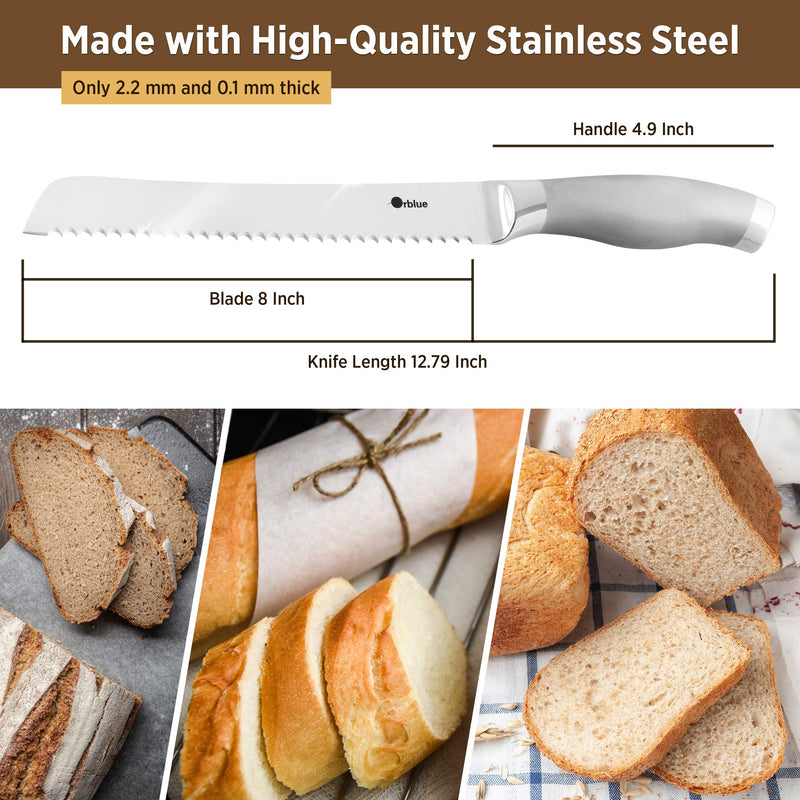  [AUSTRALIA] - Orblue Serrated Bread Knife Ultra-Sharp Stainless Steel Professional Grade Bread Cutter - Cuts Thick Loaves Effortlessly - Ideal for Slicing Bread, Bagels, Cake (8-Inch Blade with 4.9-Inch Handle)