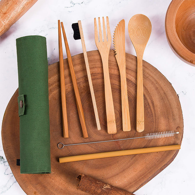  [AUSTRALIA] - Bamboo Utensils Cutlery Set BEWBOW – Reusable Cutlery Travel Set – Eco-Friendly Wooden Silverware for Kids & Adults – Outdoor Portable Utensils with Case – Bamboo Spoon, Fork, Knife, Brush, Chopsticks
