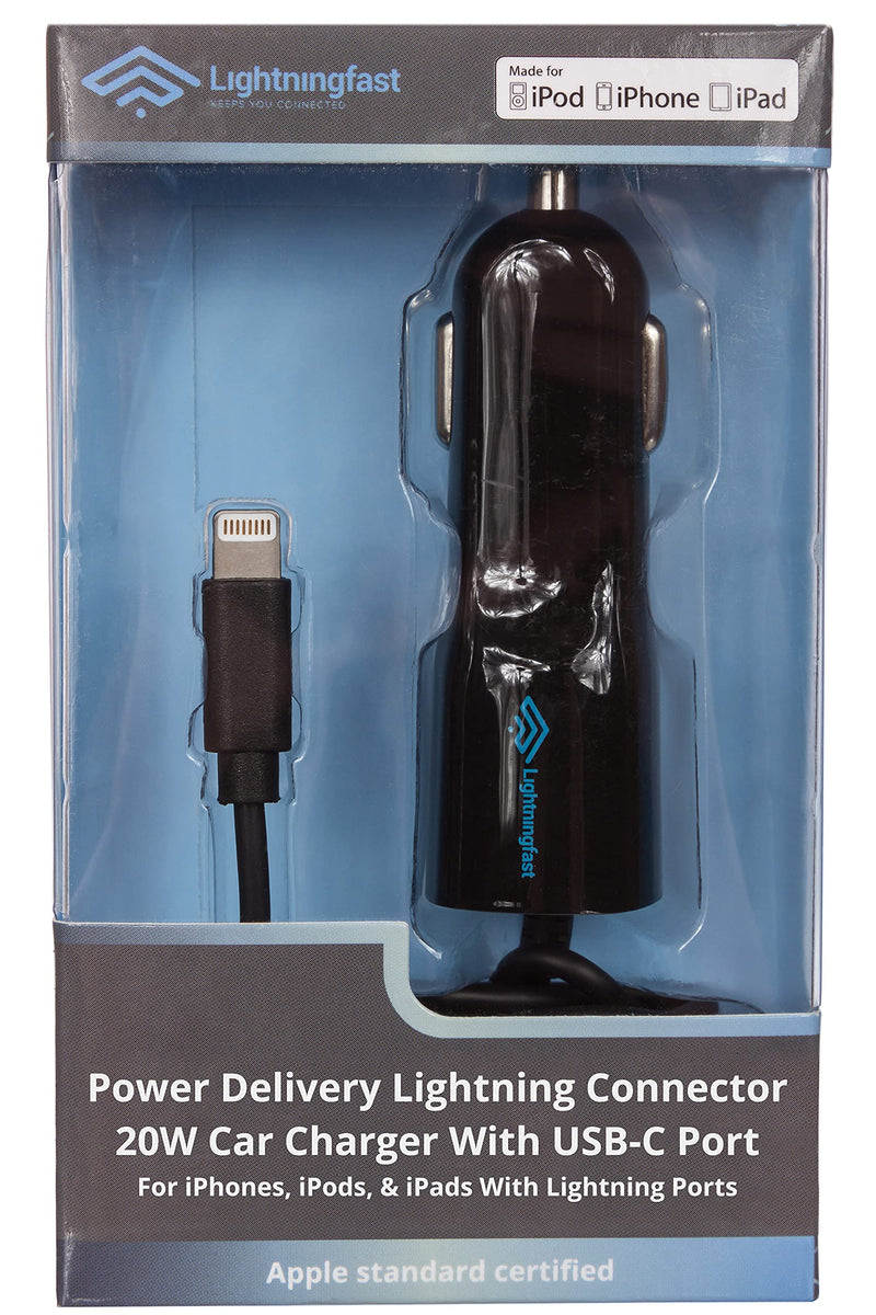  [AUSTRALIA] - Lightningfast Apple Certified Lightning Car Charger - 40W: 20W Cable & 20W USBC Rapid Power - for iPhone 14 Pro Max Plus 13 Mini 12 11 XS X XR XS SE 8 7 - Keeps You Connected Black 20W USBC + 20W USBA ports