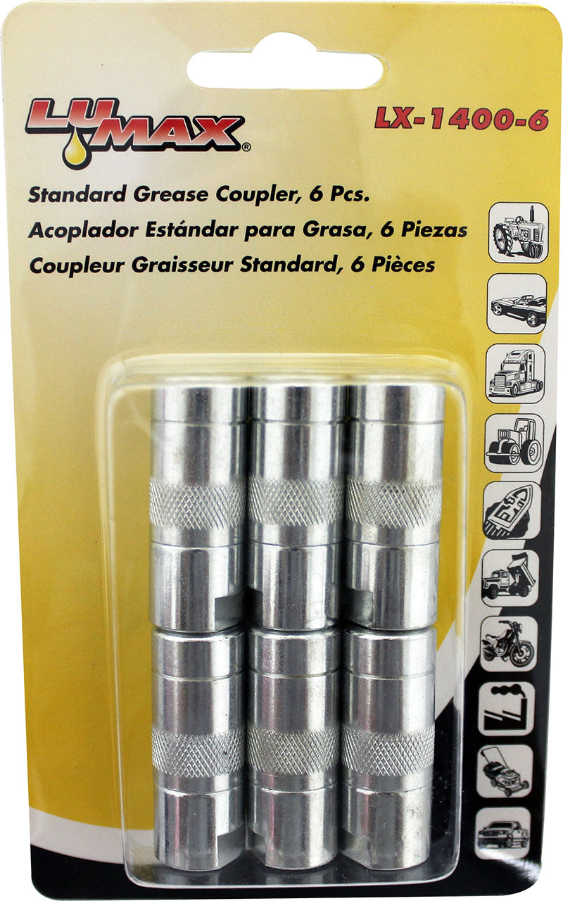 Lumax LX-1400-6 Silver 1/8" NPT Standard Grease Coupler (Pack of 6). Standard Grease Coupler. Fits All 1/8" NPT Threads. 4500 PSI (310 Bar) Maximum Operating Pressure. - LeoForward Australia