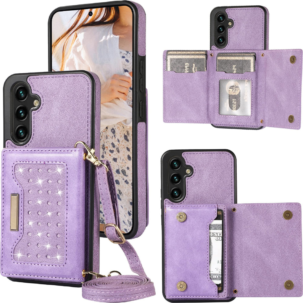  [AUSTRALIA] - CCSmall for Samsung Galaxy A54 5G Crossbody Wallet Case for Women, Bling Glitter PU Leather Phone Case with RFID Blocking Card Holder Cover for Samsung Galaxy A54 5G SZ Purple