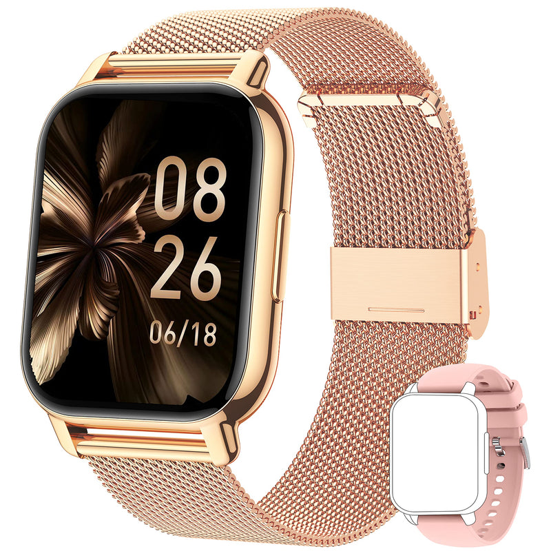  [AUSTRALIA] - Smart Watch for Women & Men, Popglory 1.85'' Call Receive/ Dial Smartwatch, Fitness Tracker with Blood Pressure/SpO2/Heart Rate Monitor, Fitness Watch with 2 Straps for iOS & Android Phones Rose Gold+Pink