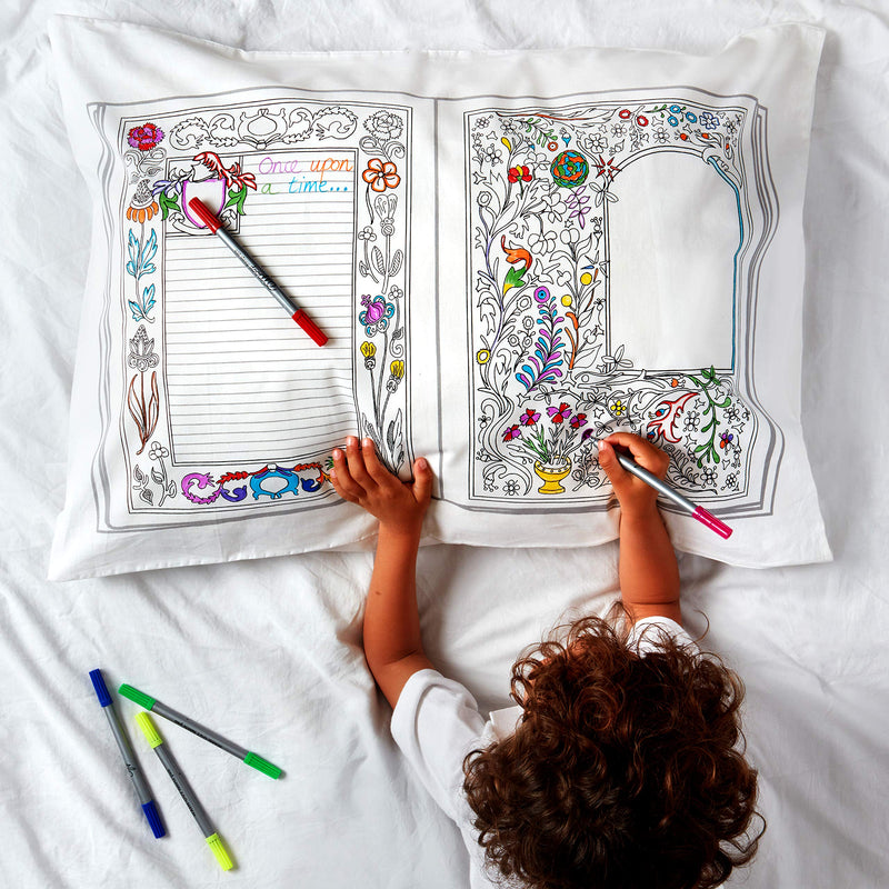  [AUSTRALIA] - eatsleepdoodle Fairytales & Legends Educational Pure Cotton Soft Pillowcase - Color Your Own Pillow Case with Unicorns, Dragons, Princesses and More to Personalize, Washable Fabric Markers Included