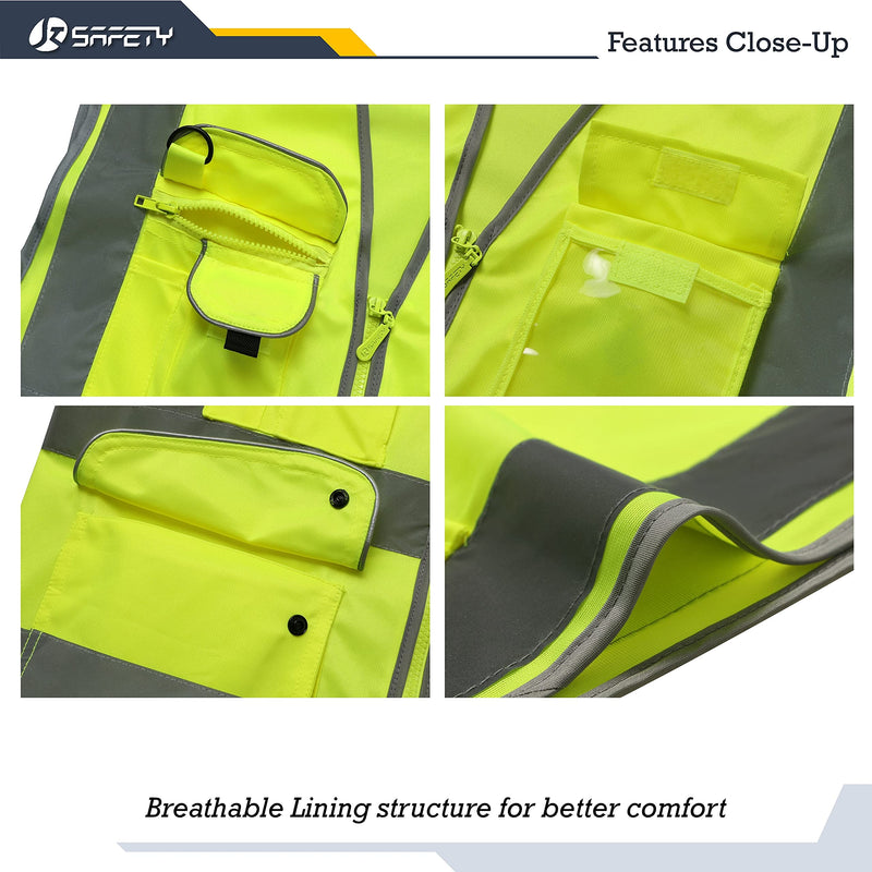  [AUSTRALIA] - JKSafety 9 Pockets Class 2 High Visibility Zipper Front Safety Vest With Reflective Strips,Meets ANSI/ISEA Standard (X-Large, Yellow) X-Large