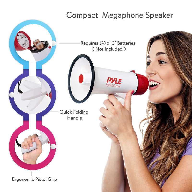 Pyle Megaphone Speaker PA Bullhorn - 20 Watts & Adjustable Vol Control w/ Built-in Siren & 800 Yard Range for Football, Baseball, Hockey, Cheerleading Fans & Coaches or for Safety Drills - PMP20 White - LeoForward Australia