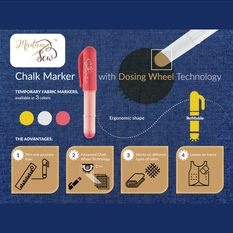 Madam Sew Chalk Fabric Marker for Sewing and Quilting – Tailors Liner Pen Creates Consistent Erasable Lines with Dosing Wheel Technology – Suitable for Cotton, Knit, Suede and More (Red) Red - LeoForward Australia
