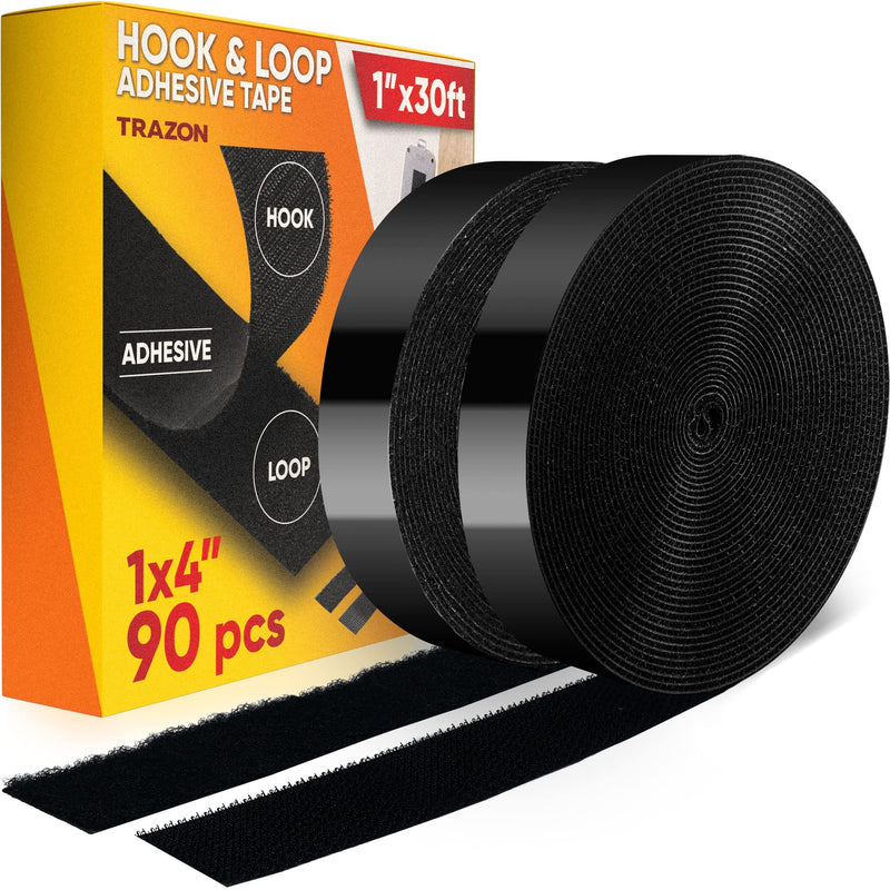 [AUSTRALIA] - Hook and Loop Tape Roll with Heavy Duty Adhesive Industrial Strength Easy to Cut, Strong Hook and Loop Strips with Sticky Back, Black, 1 Inch * 30 Feet 1 Inch x 30 Feet