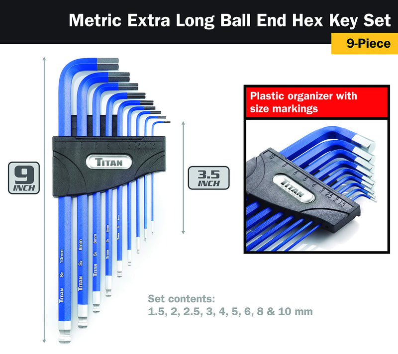  [AUSTRALIA] - Titan 12714 9-Piece Metric Extra Long Ball End Hex Key Set Metric Ball End