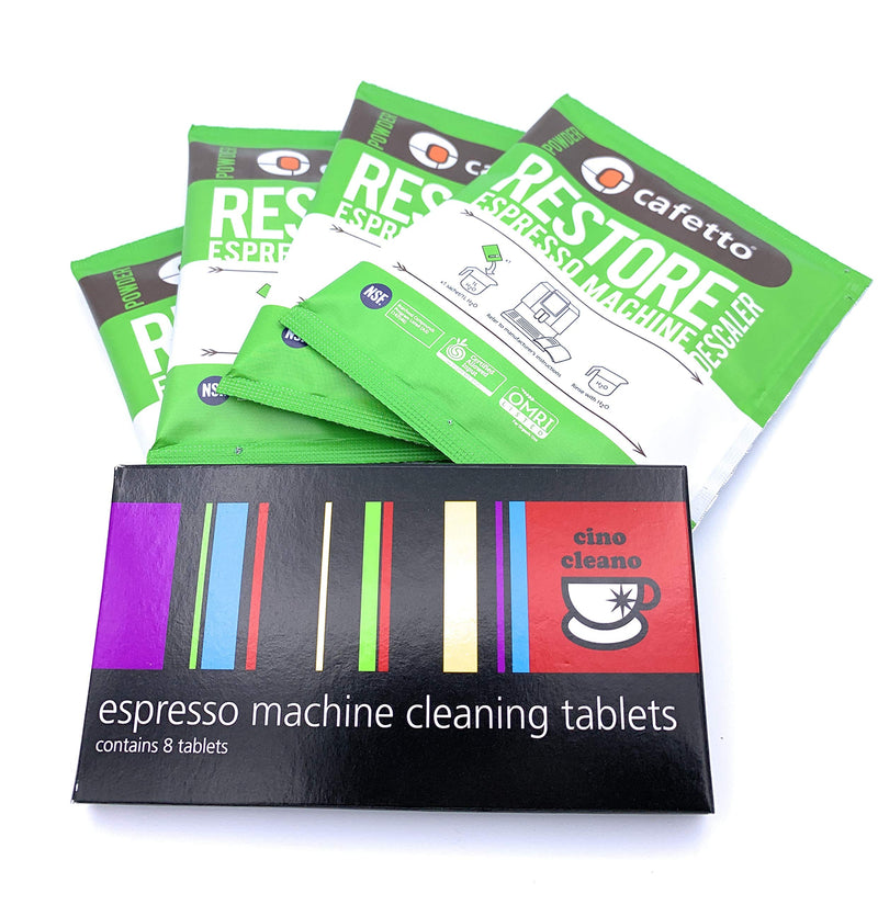  [AUSTRALIA] - Espresso Machine Cleaning & Descaling Pack Cino Cleano 8 Tablets and Box of 4 Restore Sachets Perfect for all Breville Machines