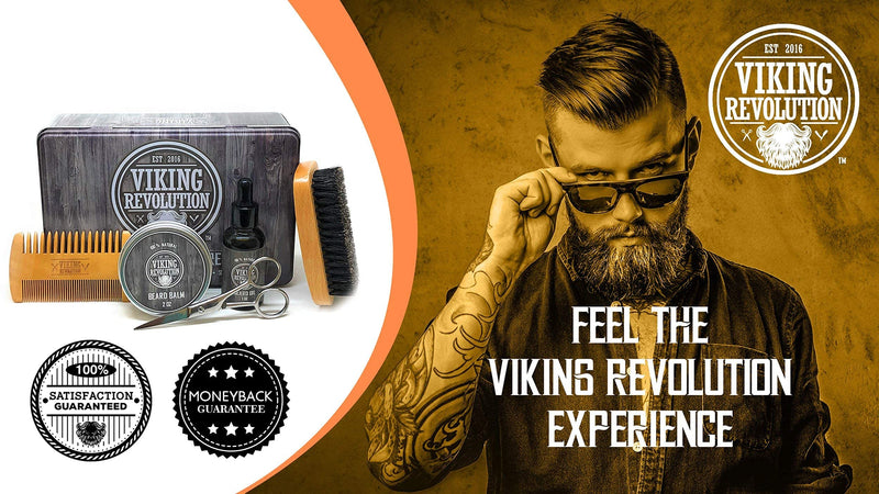 Viking Revolution Beard Care Kit for Men - Ultimate Beard Grooming Kit includes 100% Boar Men’s Beard Brush, Wooden Beard Comb, Beard Balm, Beard Oil, Beard & Mustache Scissors in a Metal Box 6 Piece Set - LeoForward Australia