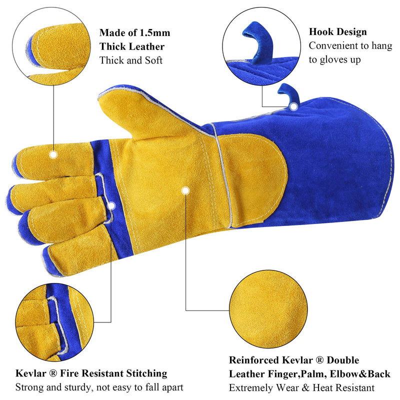 [AUSTRALIA] - RAPICCA Leather Forge/Mig/Stick Welding Gloves Heat/Fire Resistant, Mitts for Oven/Grill/Fireplace/Furnace/Stove/Pot Holder/Tig Welder/Mig/BBQ/Animal handling glove with Extra Long Sleeve Blue(length 16in)