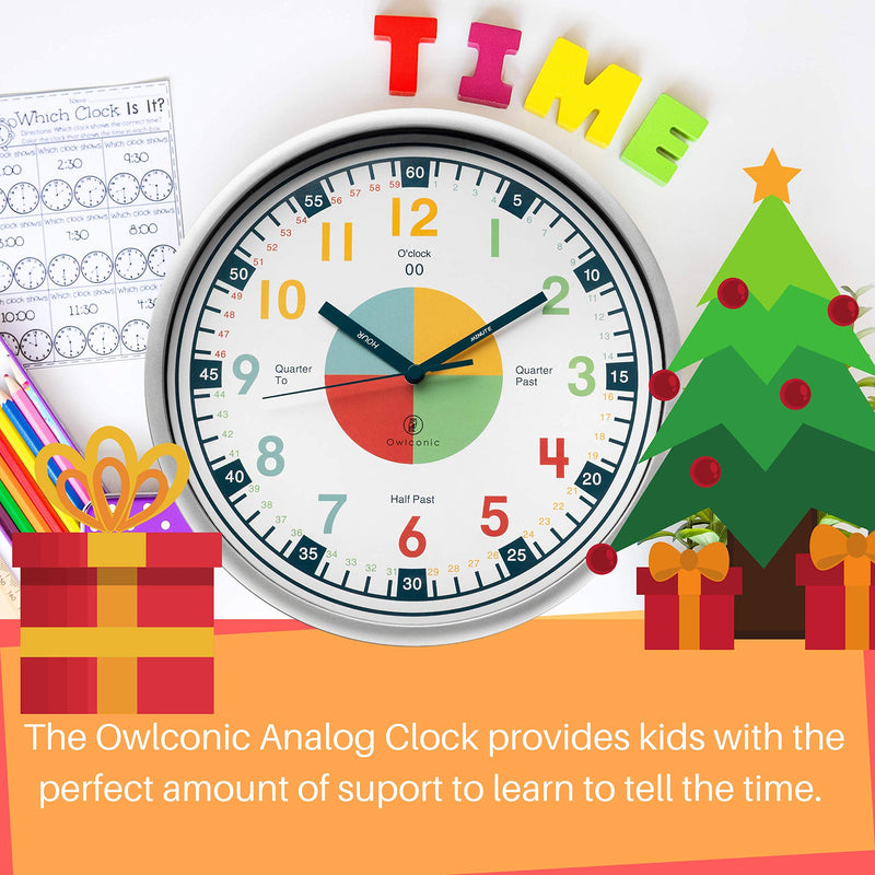  [AUSTRALIA] - Owlconic Telling Time Teaching Clock - Kids Room, Playroom Analog Silent Wall Clock. Visual Learning Clock Time Resource. Perfect Educational Tool for Homeschool, Classroom, Teachers and Parents.