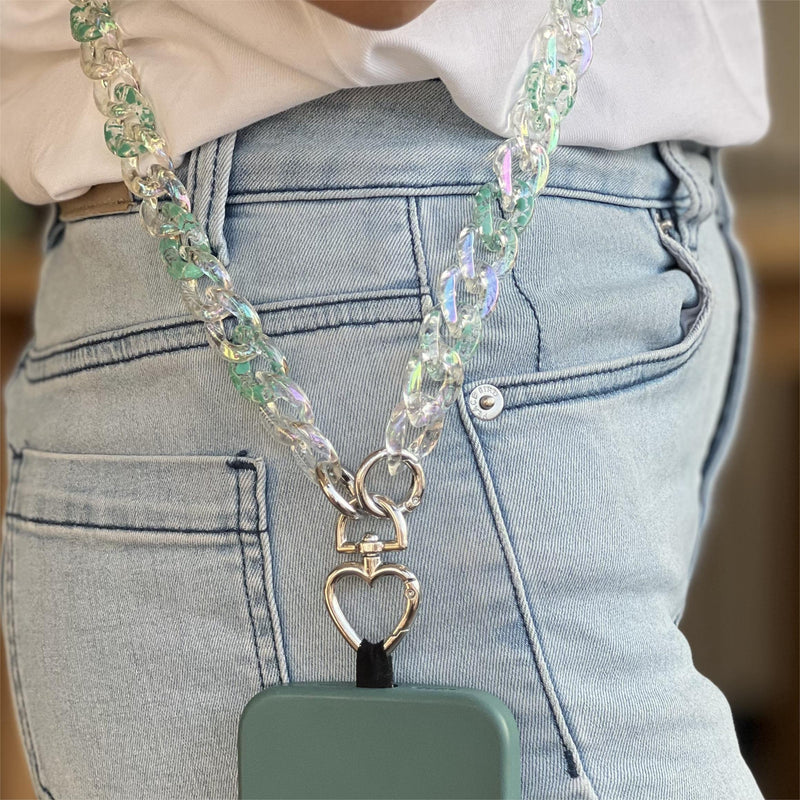  [AUSTRALIA] - Trending Transparent Acrylic Resin Hoops Linked Chain Cell Phone crossbody Strap Necklace Smartphone long shoulder Lanyard Holder For Female Crystal Green