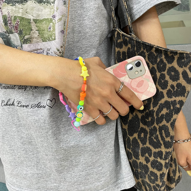  [AUSTRALIA] - COZLANE 3 Pieces Face Beaded Phone Lanyard Wrist Strap Fruit Star Pearl Heishi Beads with Evil Eye Rainbow Color Beaded Phone Chain Strap Women's Pearl Bracelet Keychain Style B