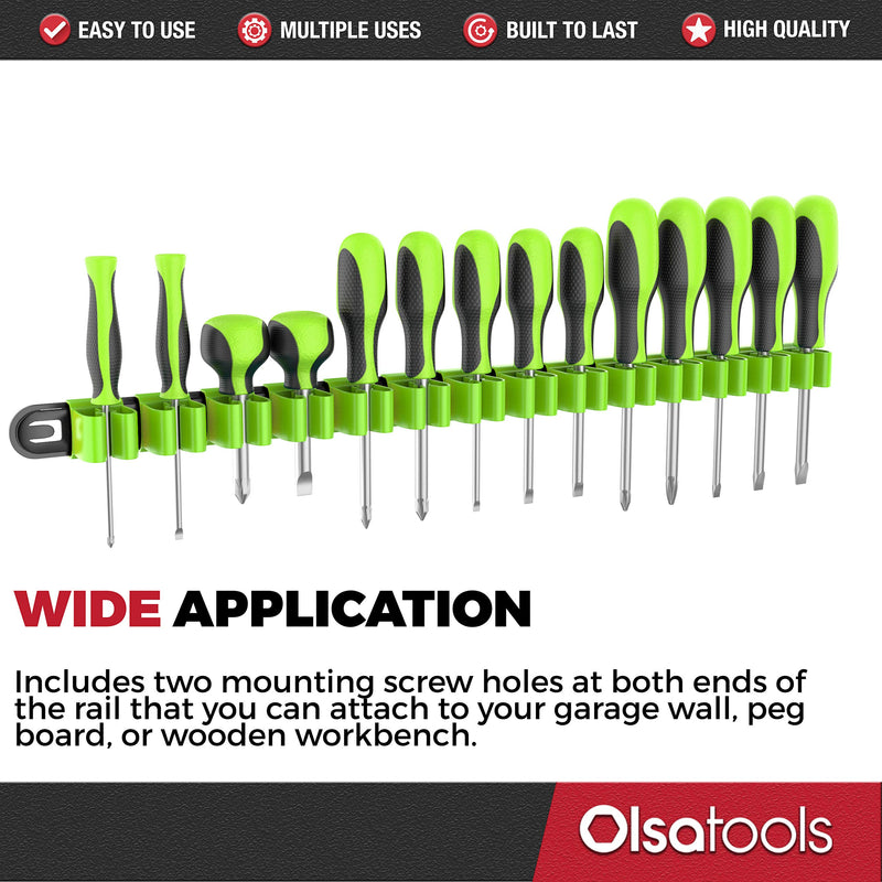  [AUSTRALIA] - Olsa Tools Premium Wall Mount Screwdriver Organizer | Black Nylon + Neon Green Clips | Holds 14 Screwdrivers Black Nylon + Green Clips