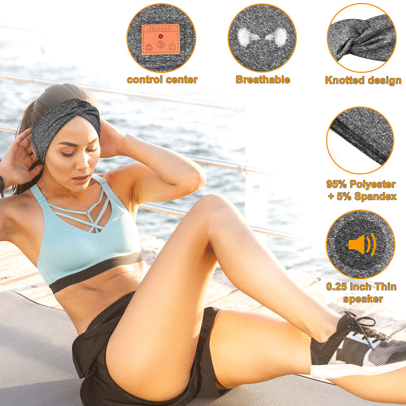  [AUSTRALIA] - Bluetooth Headband for Women, HD Speakers Bluetooth 5.0 Wireless Headband Headphones, Fashion Grey Head Band with Knotted/Twist Design for Yoga, Workout, Running, Sports, Gift