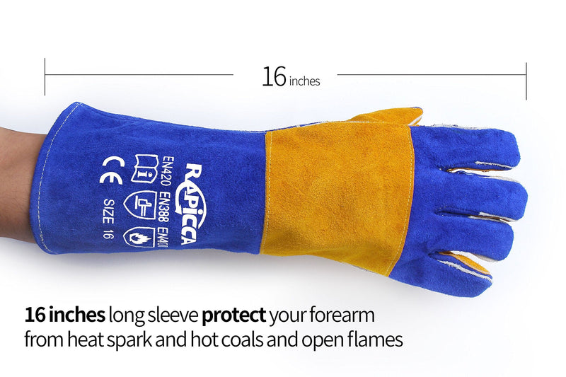  [AUSTRALIA] - RAPICCA Leather Forge/Mig/Stick Welding Gloves Heat/Fire Resistant, Mitts for Oven/Grill/Fireplace/Furnace/Stove/Pot Holder/Tig Welder/Mig/BBQ/Animal handling glove with Extra Long Sleeve Blue(length 16in)