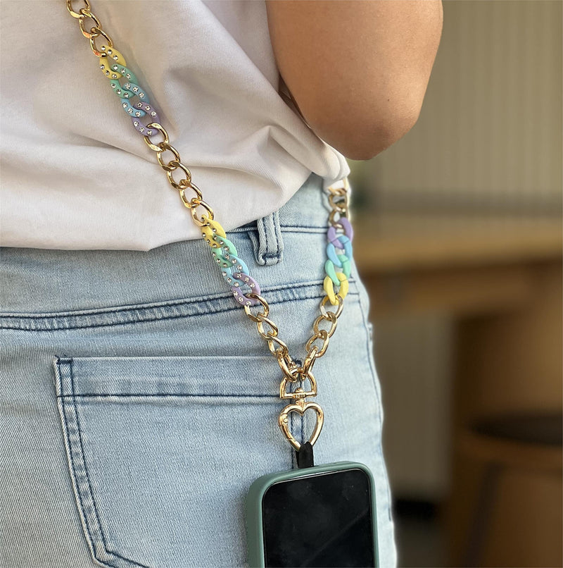  [AUSTRALIA] - Anti-Lost Female Lady Girl Women Shoulder Crossbody Cell Phone Hold Strap Lanyard Necklace Made of Gold Metal and Shiny Bling Blue Acrylic Beads Chain Blue-Rainbow