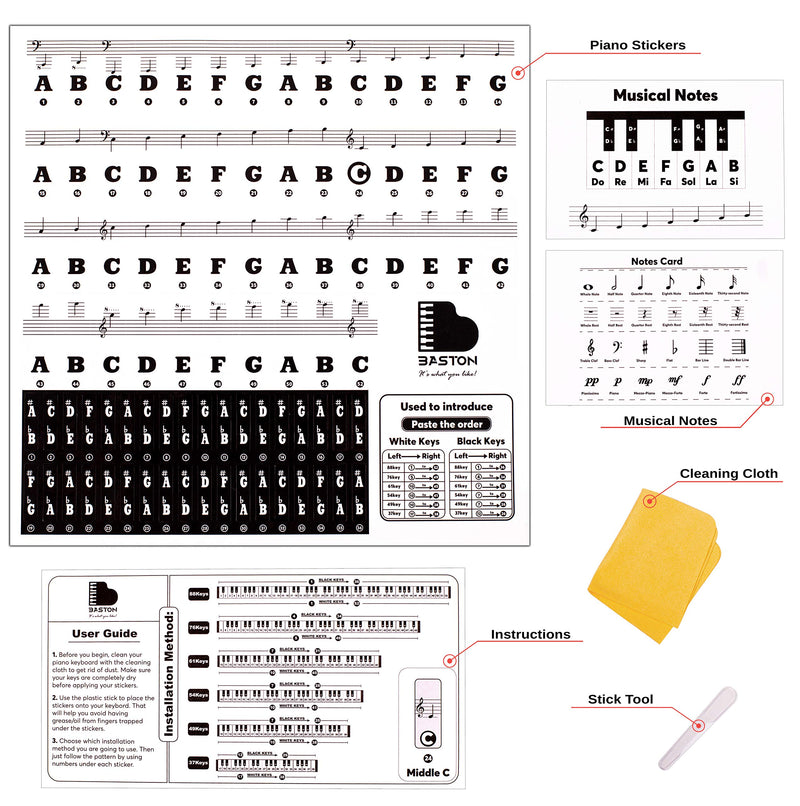 BASTON Piano Keyboard Stickers for Beginners 88/76/61/54/49/37 Keys - Removable, Transparent, Double Layer Coating Piano Stickers - Perfect for Kids, Big Letters, Easy to Install with Cleaning Cloth 88 Keys All Black Bold Letters - LeoForward Australia