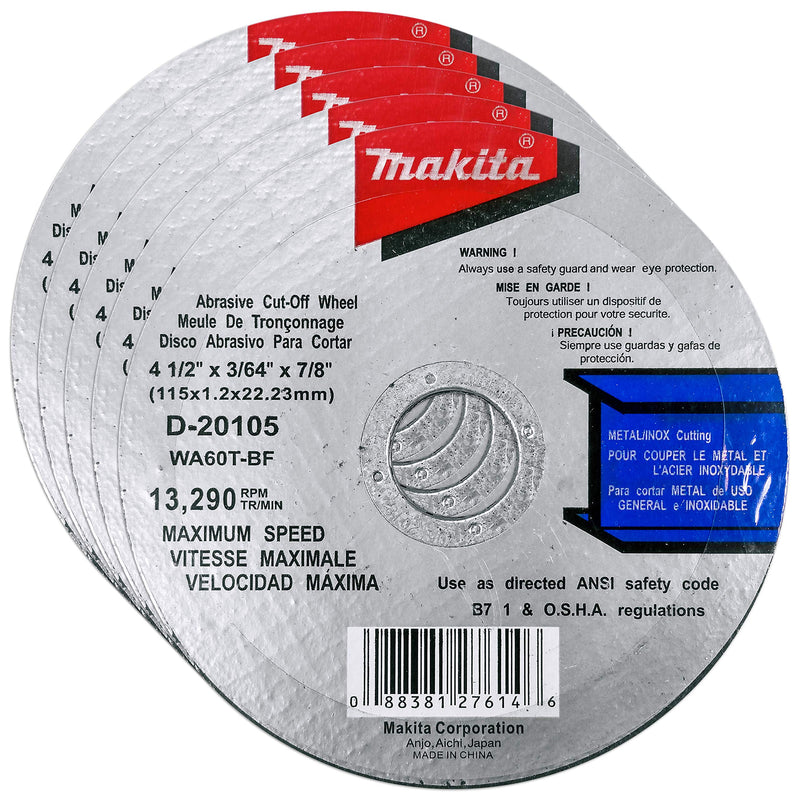  [AUSTRALIA] - Makita 5 Pack - 4.5" Cut Off Wheels For 4.5" Grinders - Aggressive Cutting For Metal & Stainless Steel/INOX - 4-1/2" x .045" x 7/8-Inch