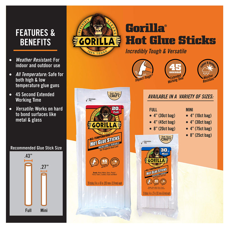  [AUSTRALIA] - Gorilla Hot Glue Sticks, Full Size, 4" Long x .43" Diameter, 45 Count, Clear, (Pack of 1)