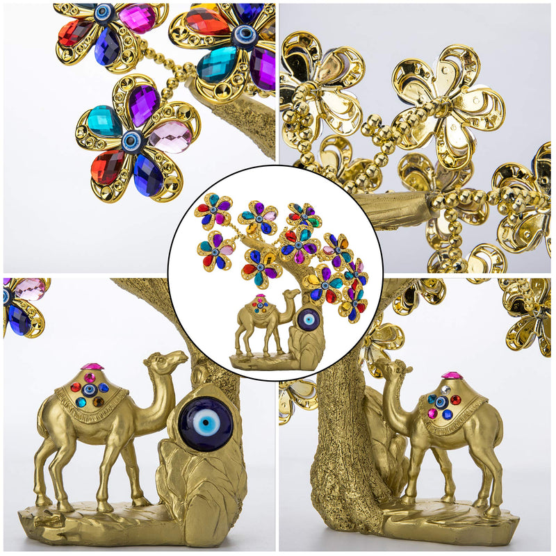  [AUSTRALIA] - YU FENG Turkish Blue Evil Eye Flowers Tree with Healing Chakra Gemstones and Camel Figurine for Good Luck Wealth Prosperity Home Office Decor Fengshui Protection Gift