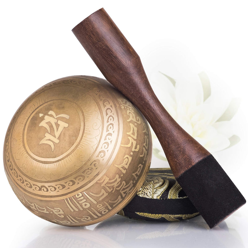 Tibetan Singing Bowl Set ~ Easy to Play with New Dual-End Striker & Cushion ~ Creates Beautiful Sound for Holistic Healing, Meditation & Relaxation ~ Peace Pattern ~ Gold Bowl with Black Pillow - LeoForward Australia