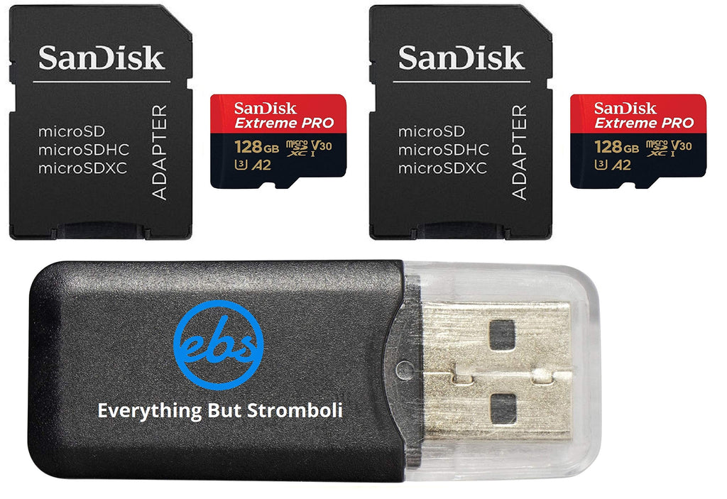  [AUSTRALIA] - SanDisk 128GB Micro SDXC Extreme Pro Memory Card 2 Pack Works with GoPro Hero 8 Black, Max 360 Action Cam U3 V30 4K A2 Class 10 (SDSQXCD-128G-GN6MA) Bundle with 1 Everything But Stromboli Card Reader