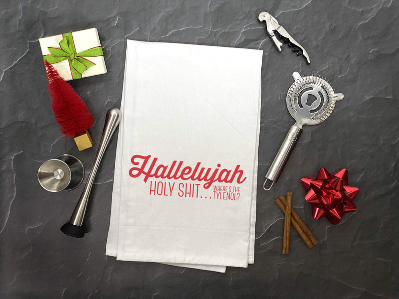  [AUSTRALIA] - RubiaRojo Christmas Kitchen Towels - Set of 4 Holiday Flour Sack Dishcloths – Jolliest Bunch of A-Holes, Jelly of The Month Club, It’s a Bit Nipply and Hallelujah Holy Sht – White Cotton Hand Towels