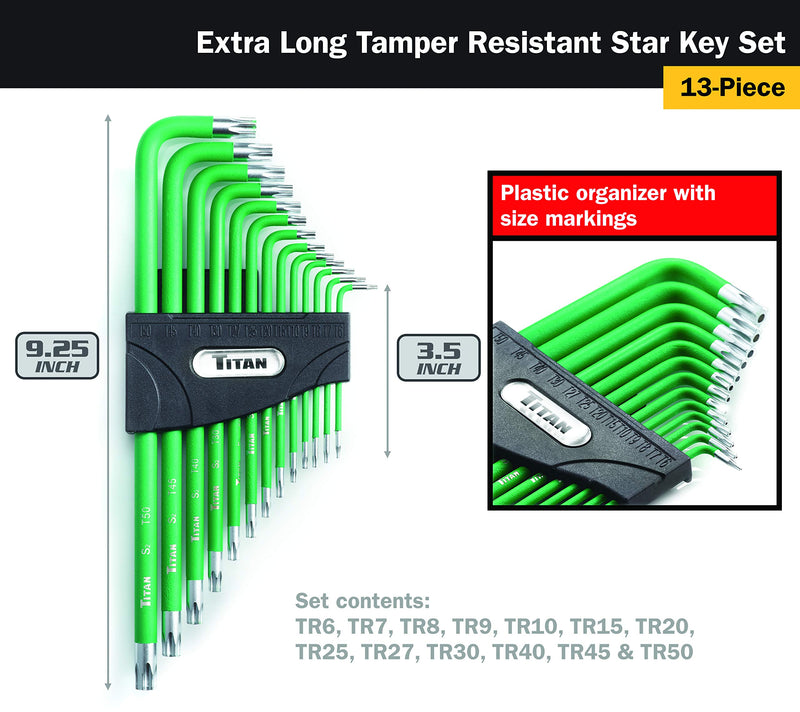  [AUSTRALIA] - Titan 12715 13-Piece Extra Long Tamper Resistant Star Key Set,Green
