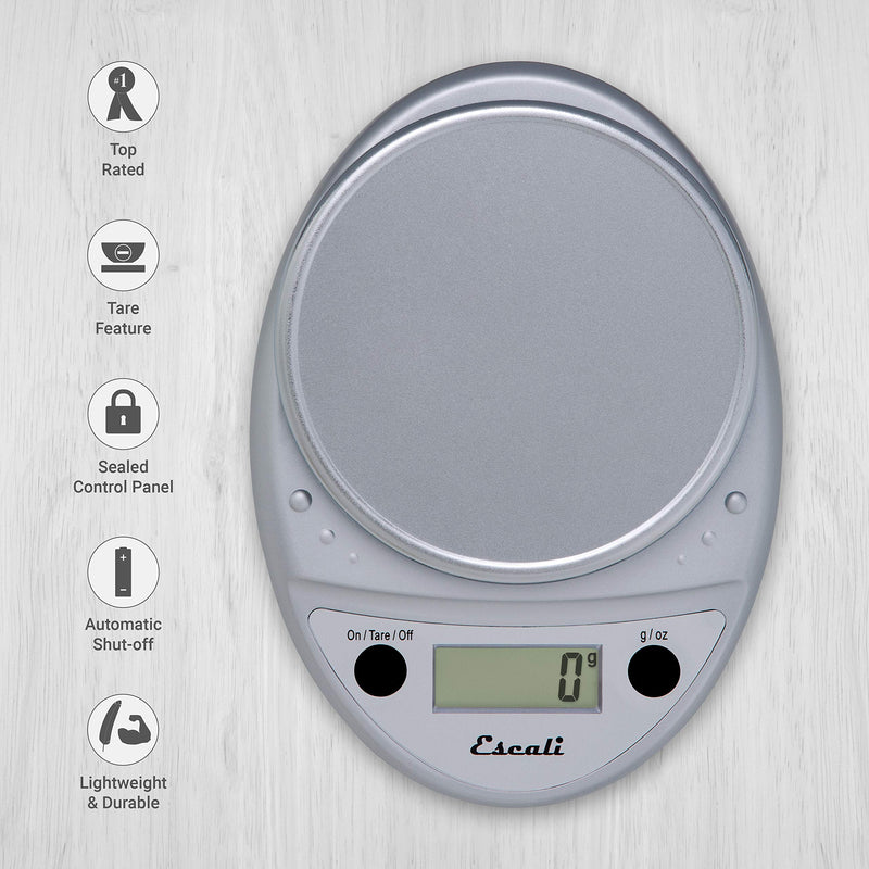 Escali Primo P115C Precision Kitchen Food Scale for Baking and Cooking, Lightweight and Durable Design, LCD Digital Display, 8" x 6" x 1.25", Chrome - LeoForward Australia