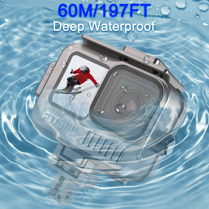  [AUSTRALIA] - FitStill 60M Aluminum Alloy Waterproof Case for Go Pro Hero11/ Hero10/ Hero9 Black, Protective Underwater with Bracket Accessories for Go Pro Hero 11/10/9 Black Action Camera