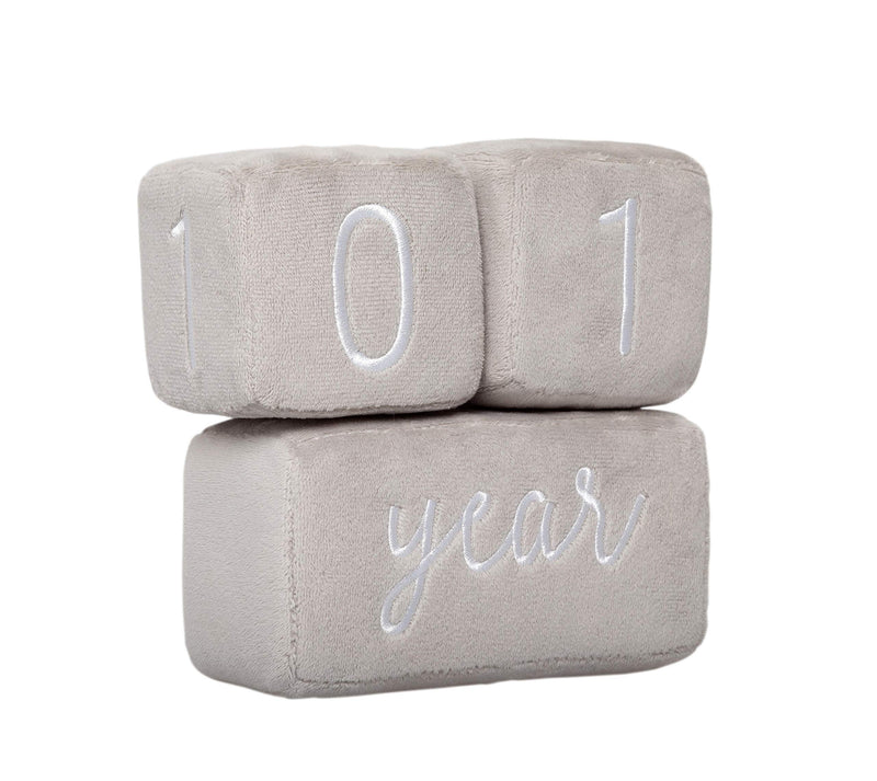  [AUSTRALIA] - Pearhead Baby Plush Photo Sharing Milestone Age Blocks, Picture Prop, Set of 3 Blocks, Gray Plush Milestone Blocks