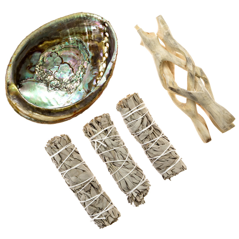 [AUSTRALIA] - Premium Bundle with 5 Inch or Larger Abalone Shell, Natural Wooden Tripod Stand, and 3 California White Sage Smudge Sticks for Incense Burning, Home Fragrance, Energy Clearing, Yoga, Meditation 5 Inches