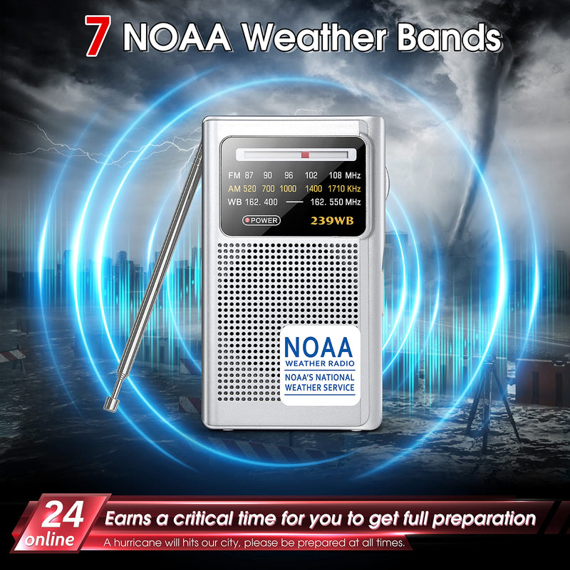  [AUSTRALIA] - Greadio NOAA Weather Radio, AM/FM Battery Operated Transistor Portable Radio with Best Reception,Stereo Earphone Jack,Powered by 2 AA Battery for Emergency,Hurricane,Running, Walking,Home (Silver) Silver