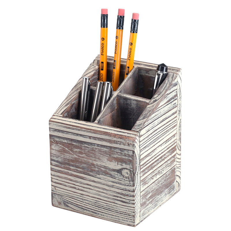 MyGift Rustic Torched Wood 4 Slot Pen Pencil Holder, Square Desktop Office Supply Storage Box - LeoForward Australia